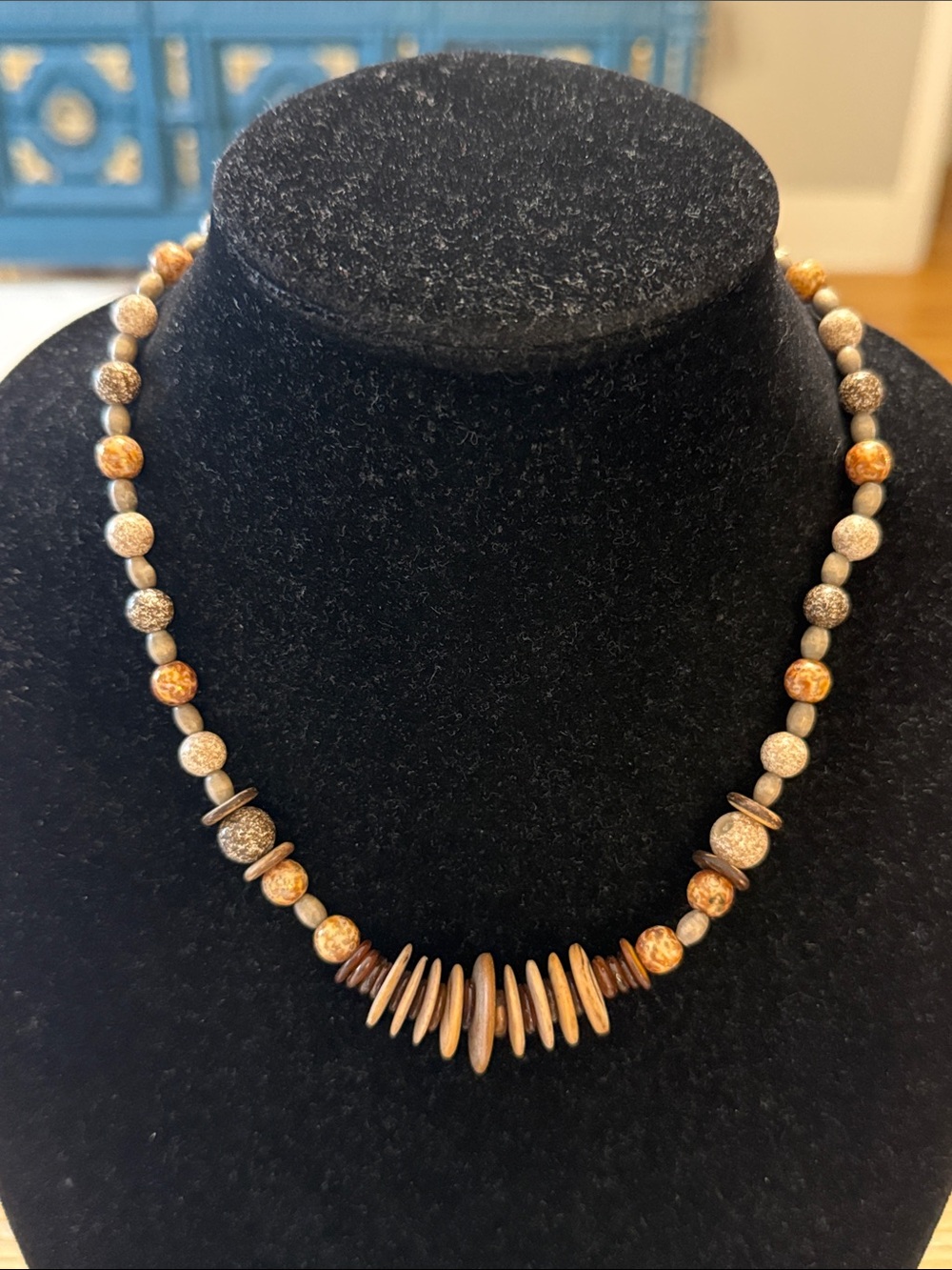 Vintage Boho Brown Tan Beaded Choker Collar Statement Necklace